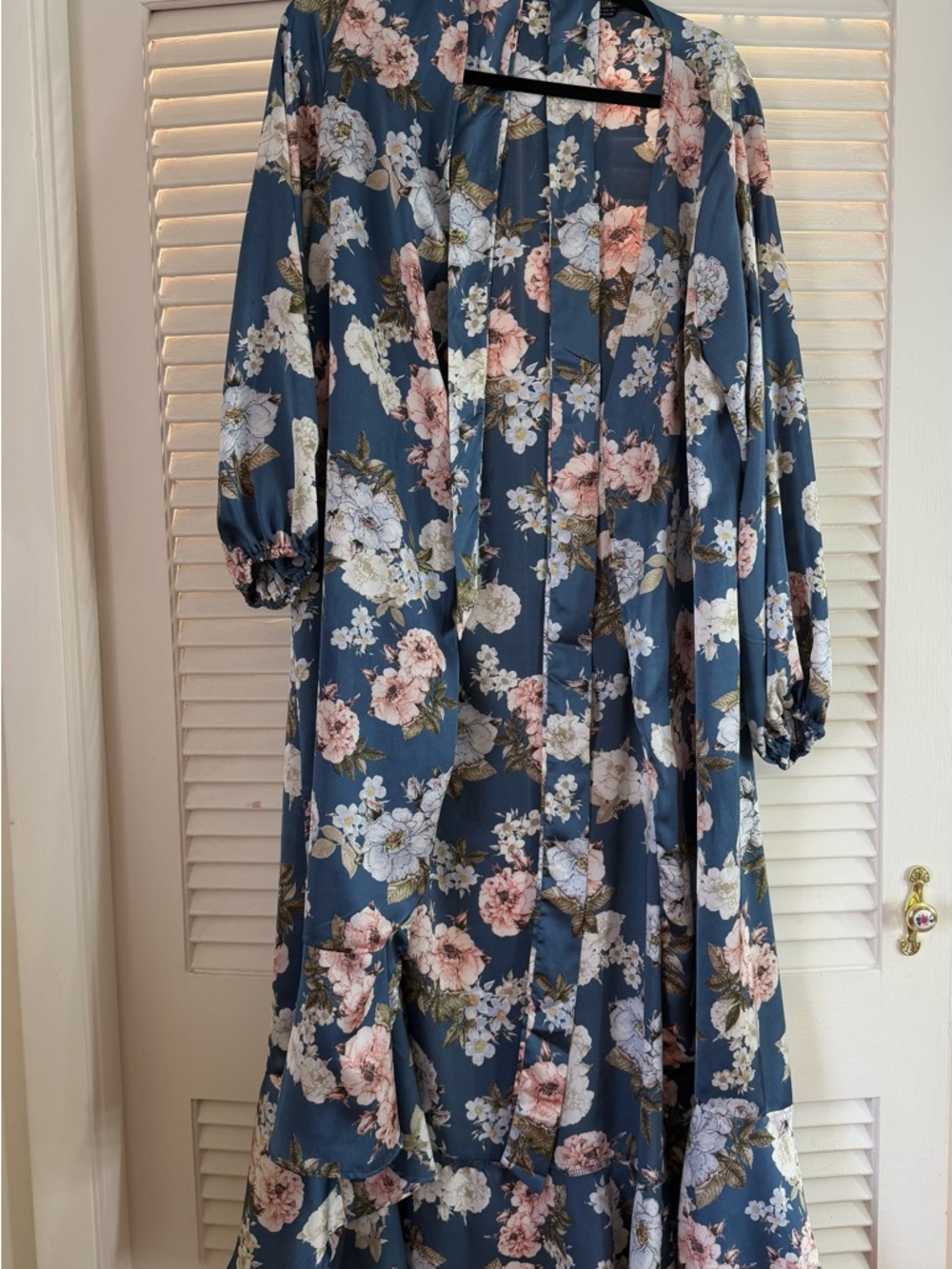 Blue Floral Maxi Dress with Pink & White Blooms kimono
